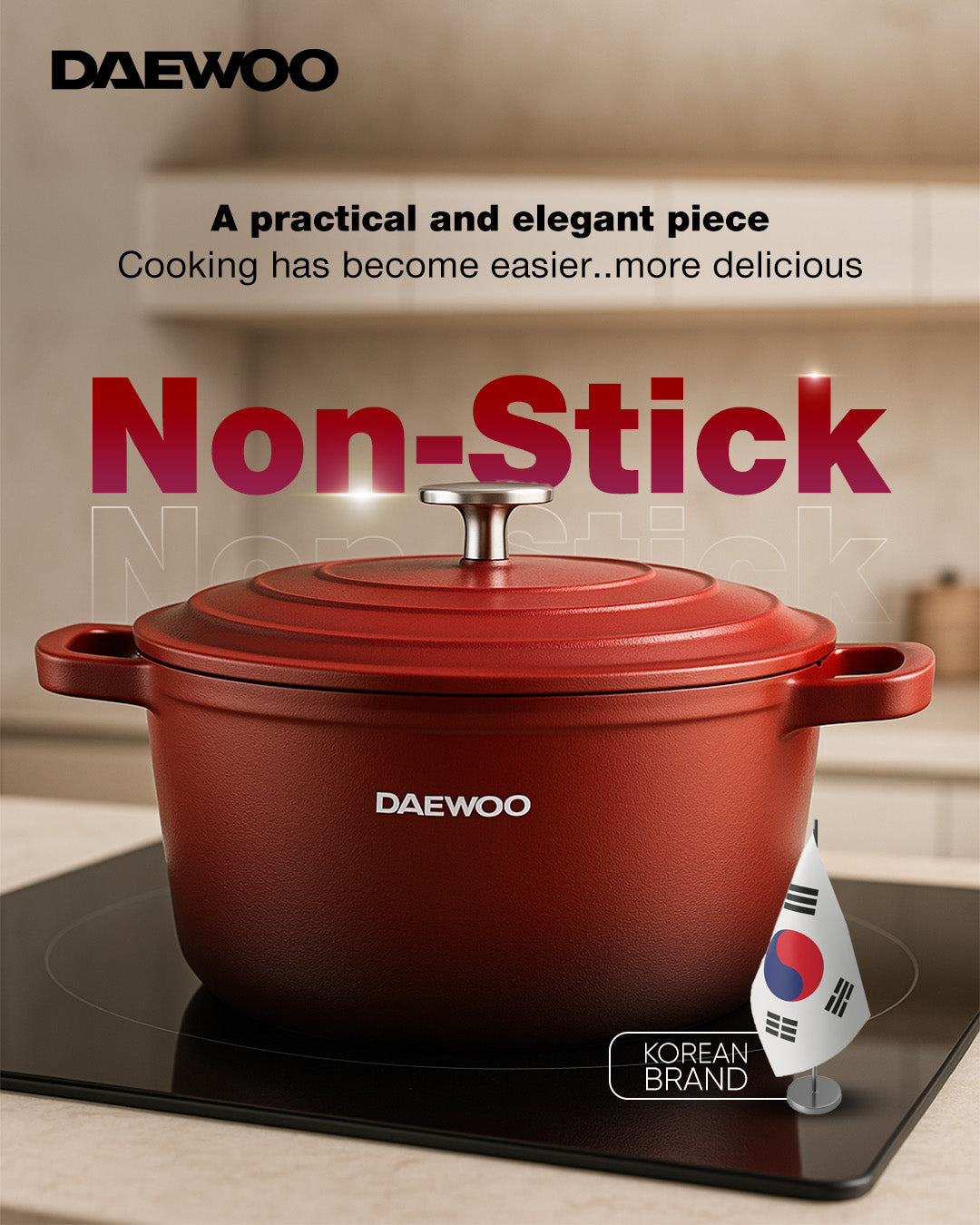 Daewoo 28cm Die-Cast Aluminum Casserole Pot with Lid, Non-Stick Granite Stone Coating, Full Induction Base, Oven-Safe, Red, Chemical-Free