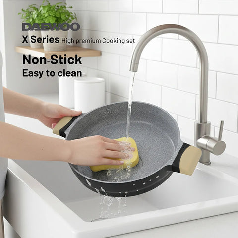 Daewoo X Series 11 Pcs Granite Cooking Set 32,28,24 cm Pot, 28 cm Pan, 28 cm Casserole with 2 Pcs of Utensil Tools - Black & Brown