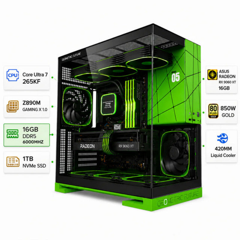 Custom Gaming PC Intel Core Ultra 7 265KF, Asus RX 9060 XT 16GB, 16GB DDR5 6000MHz, 1TB NVMe, Windows 11 Pro