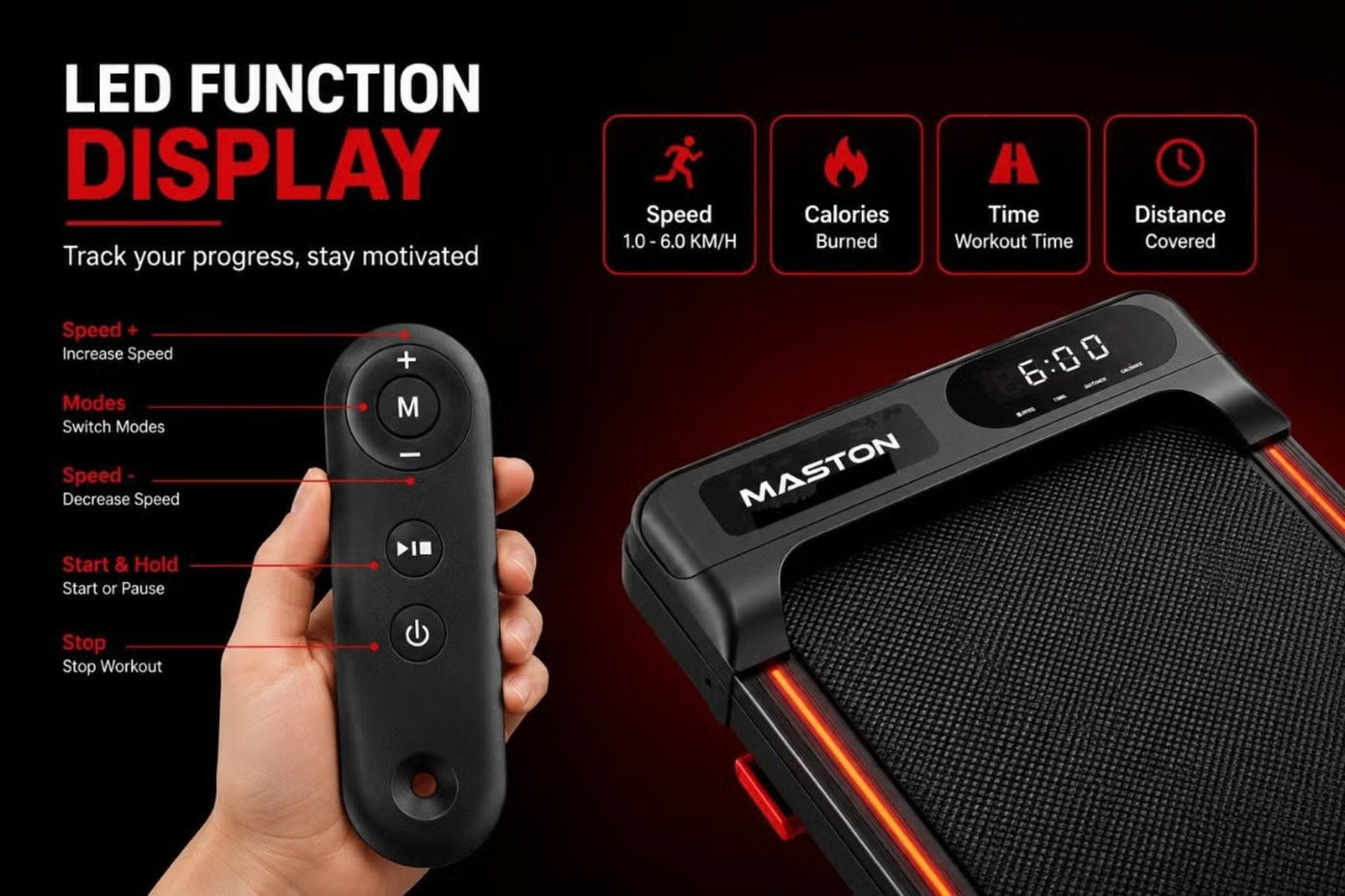 Maston Walking Pad & Running Treadmill, Incline Feature, 2.5 HP Motor, 6km/h Max Speed, 110Kg Capacity