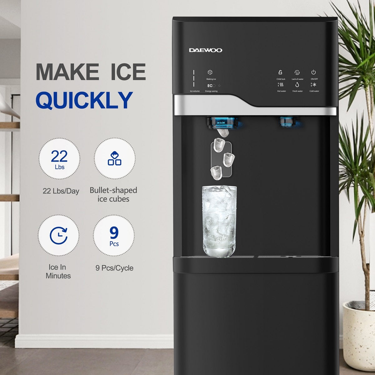 Daewoo Water Dispenser with Bullet Ice Maker 540W, Black - DWD7629