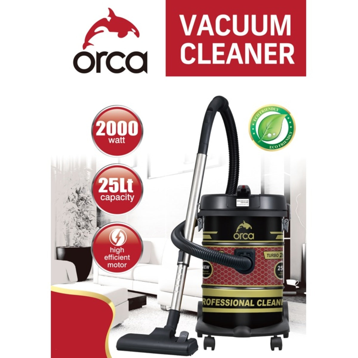 Orca, Drum Vacuum Cleaner 25L 2000W with Copper Motor – Black