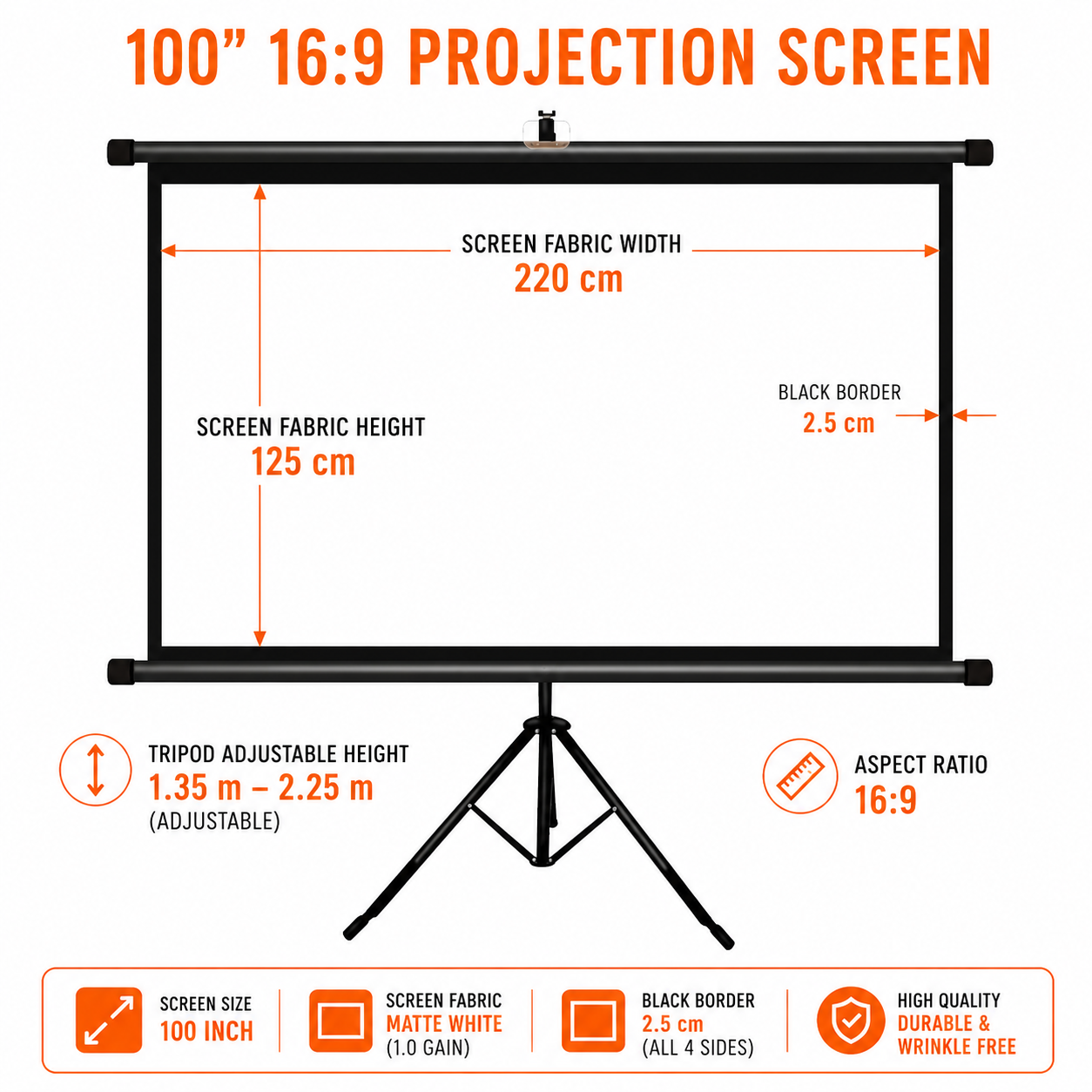 Portable Tripod Projection Screen Matte White - 100 Inch