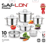 Saflon Stainless Steel Premium Cookware Set 10 Pieces Pots 20+24 +28 cm + 26cm Shallow Pot + 26cm Frypan + Stainless Steel Basket 22 cm