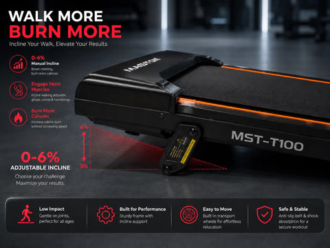 Maston Walking Pad & Running Treadmill, Incline Feature, 2.5 HP Motor, 6km/h Max Speed, 110Kg Capacity