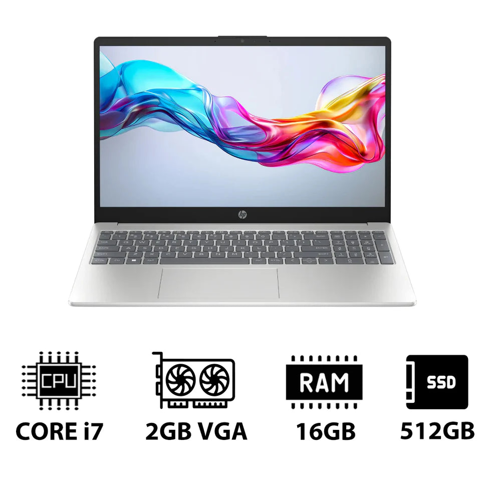 HP 15-FD0142NE - 15.6 بوصة FHD / i7 / 16 جيجابايت / 512 جيجابايت (NVMe M.2 SSD) / MX570 2 جيجابايت VGA / DOS (بدون نظام تشغيل) / 1YW / فضي طبيعي - كمبيوتر محمول