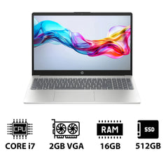 HP 15-FD0142NE - 15.6 بوصة FHD / i7 / 16 جيجابايت / 512 جيجابايت (NVMe M.2 SSD) / MX570 2 جيجابايت VGA / DOS (بدون نظام تشغيل) / 1YW / فضي طبيعي - كمبيوتر محمول