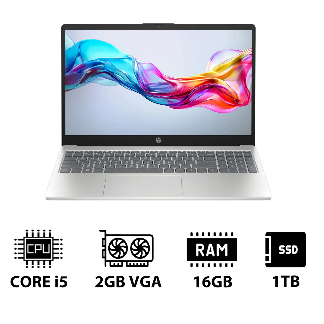HP 15-FD0147NE - 15.6 بوصة FHD / i5 / 16 جيجابايت / 1 تيرابايت (NVMe M.2 SSD) / MX570 2 جيجابايت VGA / DOS (بدون نظام تشغيل) / 1YW / فضي طبيعي - كمبيوتر محمول
