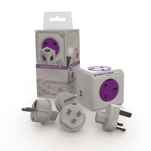 محول السفر PowerCube ReWirable USB – 4 مقابس AC ومنفذا USB مع مجموعة مقابس UK