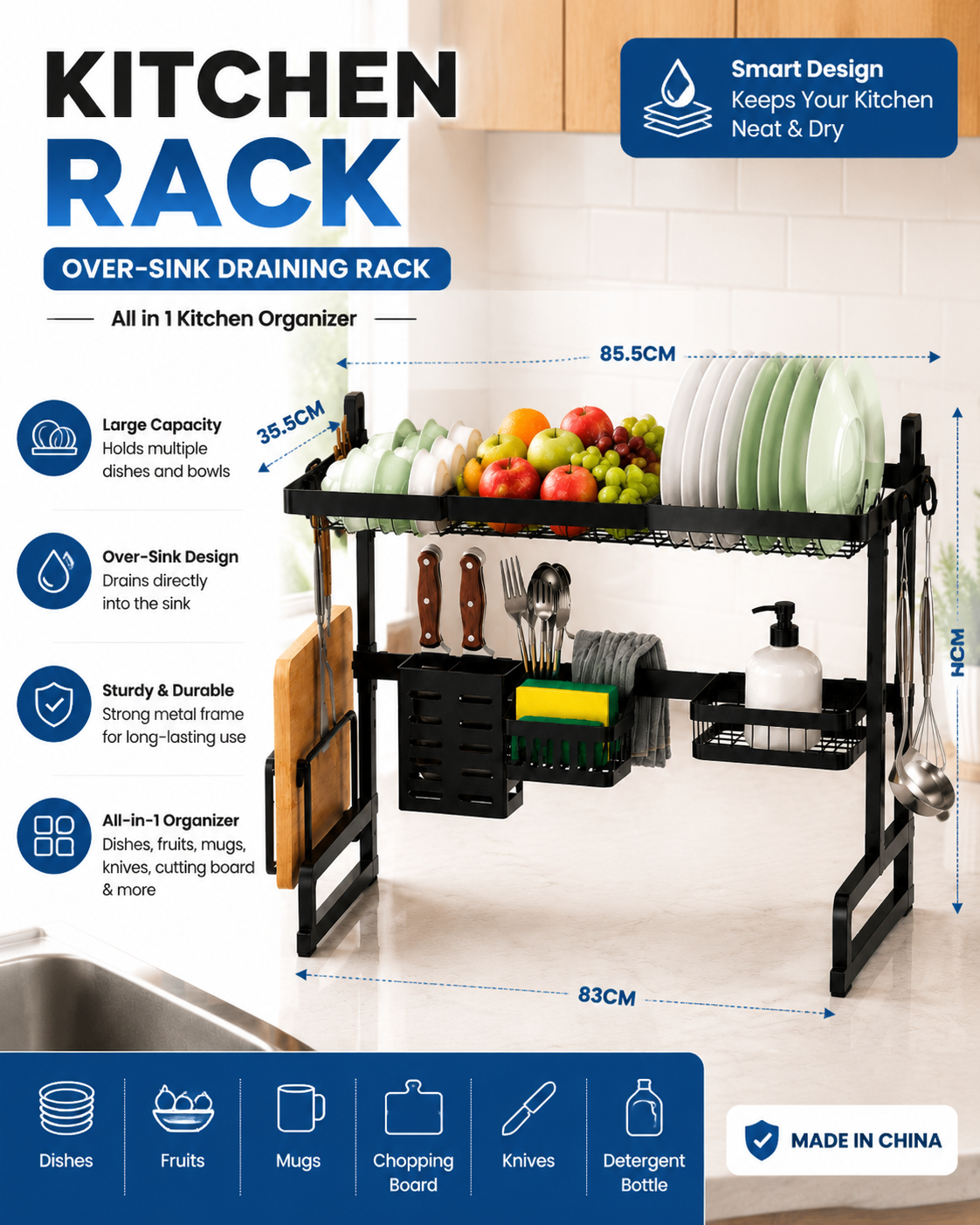 85CM Multifunctional Over Sink Dish Drying Rack