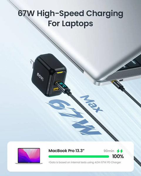AOHI Magcube 67W Dual-Port GaN Charger Foldable PD Fast Charging USB-C USB-A Yellow Black