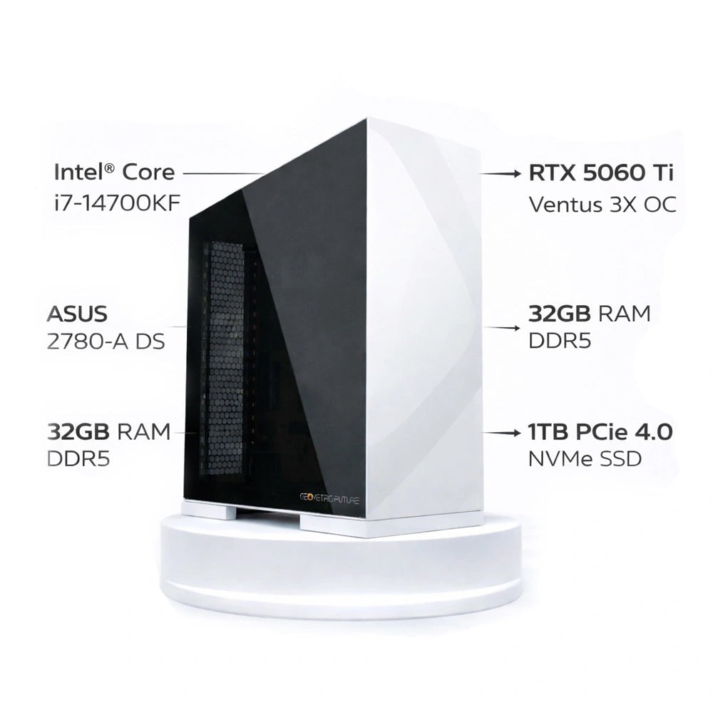 جهاز كمبيوتر مخصص للألعاب بمعالج Intel Core i7-14700KF، وكرت شاشة RTX 5060Ti بسعة 16 جيجابايت من نوع Ventus 3X OC، و رام (RAM) بسعة 32 جيجابايت، ونظام تشغيل Windows 11 Pro.