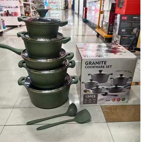 OSFE 12 PCS Aluminum Nonstick Granite Cookware Set (32, 28, 24, 20 cm Pots, 28 cm Pan with 2 Pcs of Utensil Tools) - Green