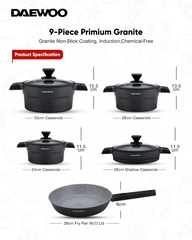 Daewoo 9-Piece Cookware Set – Die-Cast Aluminum, Granite Non-Stick Coating, Induction , Chemical Free – 32cm, 28cm, 24cm Pots, 28cm Fry Pan with Removable Handle, Shallow Casserole, black- gray (pre - order)
