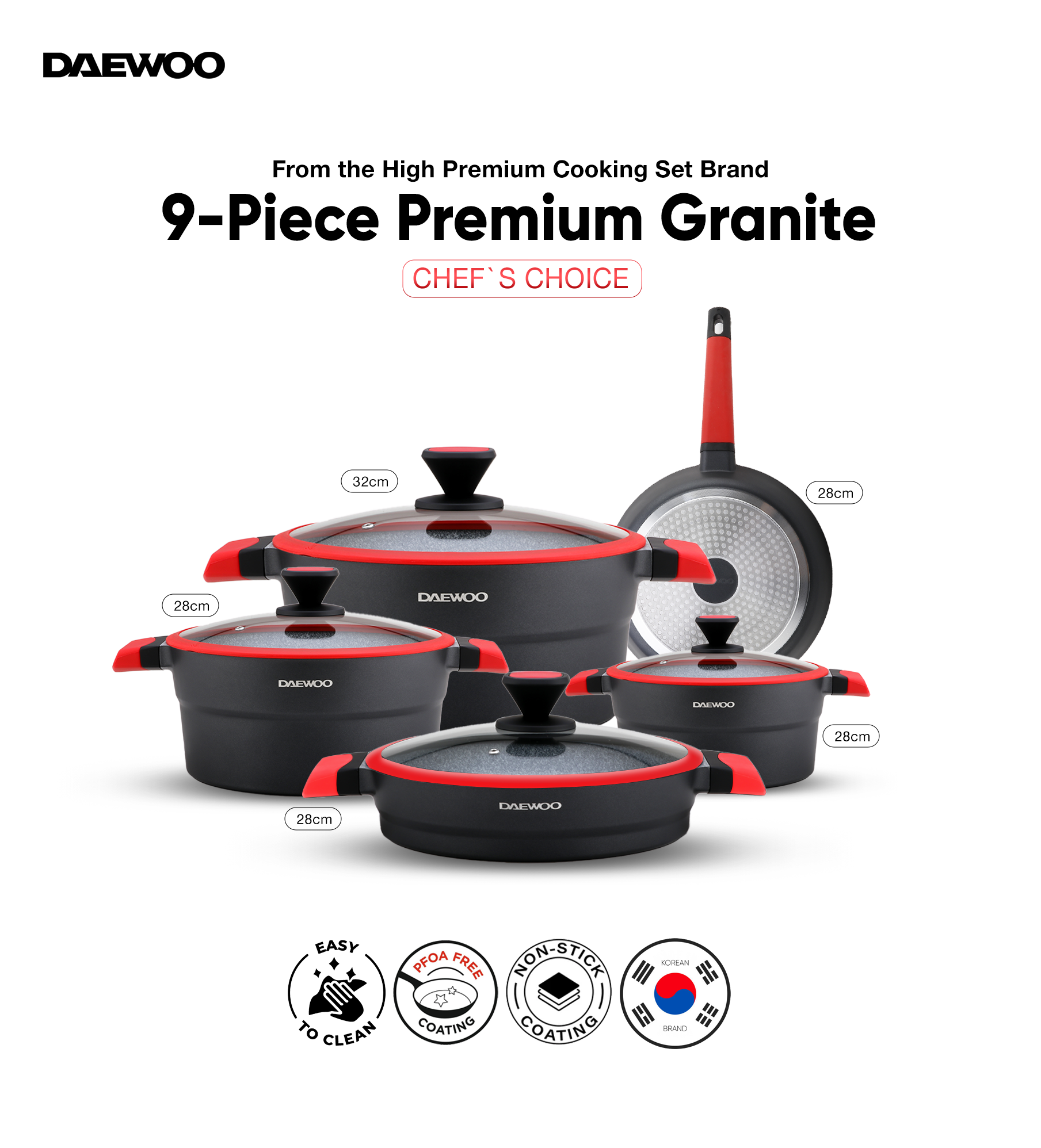 Daewoo 9-Piece Cookware Set – Die-Cast Aluminum, Granite Non-Stick Coating, Induction , Chemical-Free – 32cm, 28cm, 24cm Pots, 28cm Fry Pan with Removable Handle, Shallow Casserole, black & red, X series (pre - order)