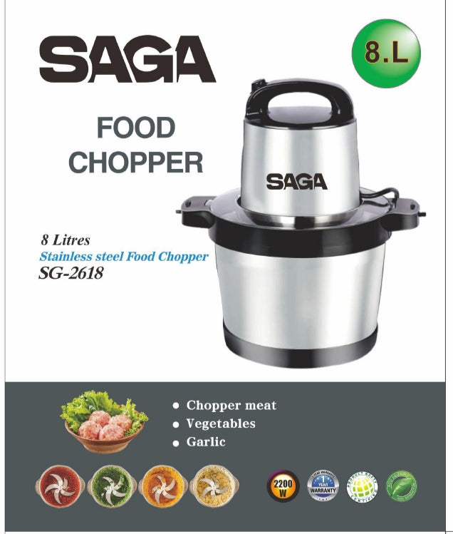 Saga 8L Food Chopper with 4 Stainless Steel Blades & 2-Speed Control - SG-2618