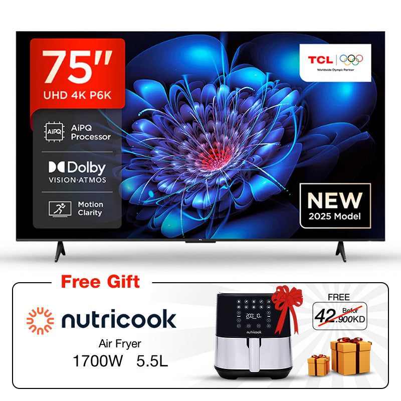75-inch TCL TV with a blue abstract design on the screen, featuring Dolby Vision and AIQ processor, with a Nutricook air fryer as a free gift offer.