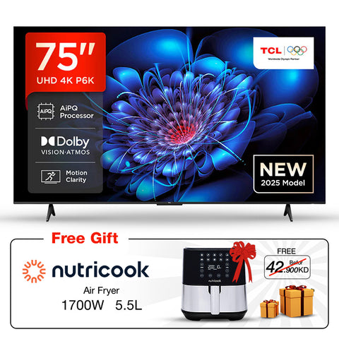 75-inch TCL TV with a blue abstract design on the screen, featuring Dolby Vision and AIQ processor, with a Nutricook air fryer as a free gift offer.