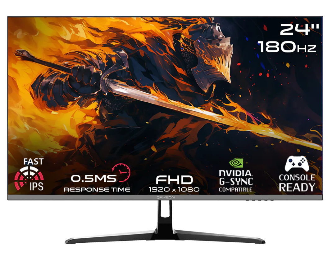 شاشة GAMEON GOPS24180IPS مقاس 24 بوصة، بدقة FHD، ومعدل تحديث 180 هرتز، ووقت استجابة 0.5 مللي ثانية، وتقنية IPS سريعة، ومنفذ HDMI 2.0، وشاشة ألعاب