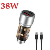 Powero+ Crysta Dual Port Car charger 38W with Braided Type-C to Type-C Cable - Silver