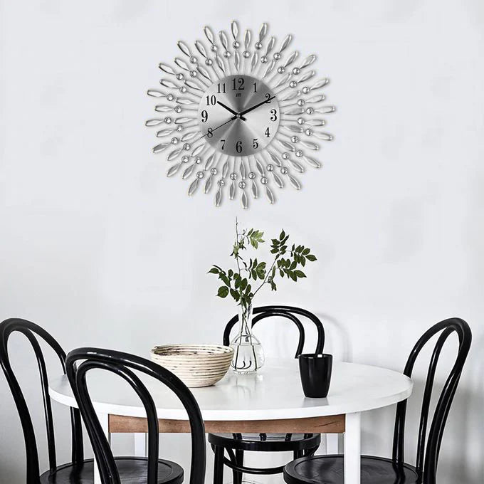 Modern Decorative Sunburst Wall Clock with Crystal Accents, Bold Numerals & Silent Quartz Sweep Movement