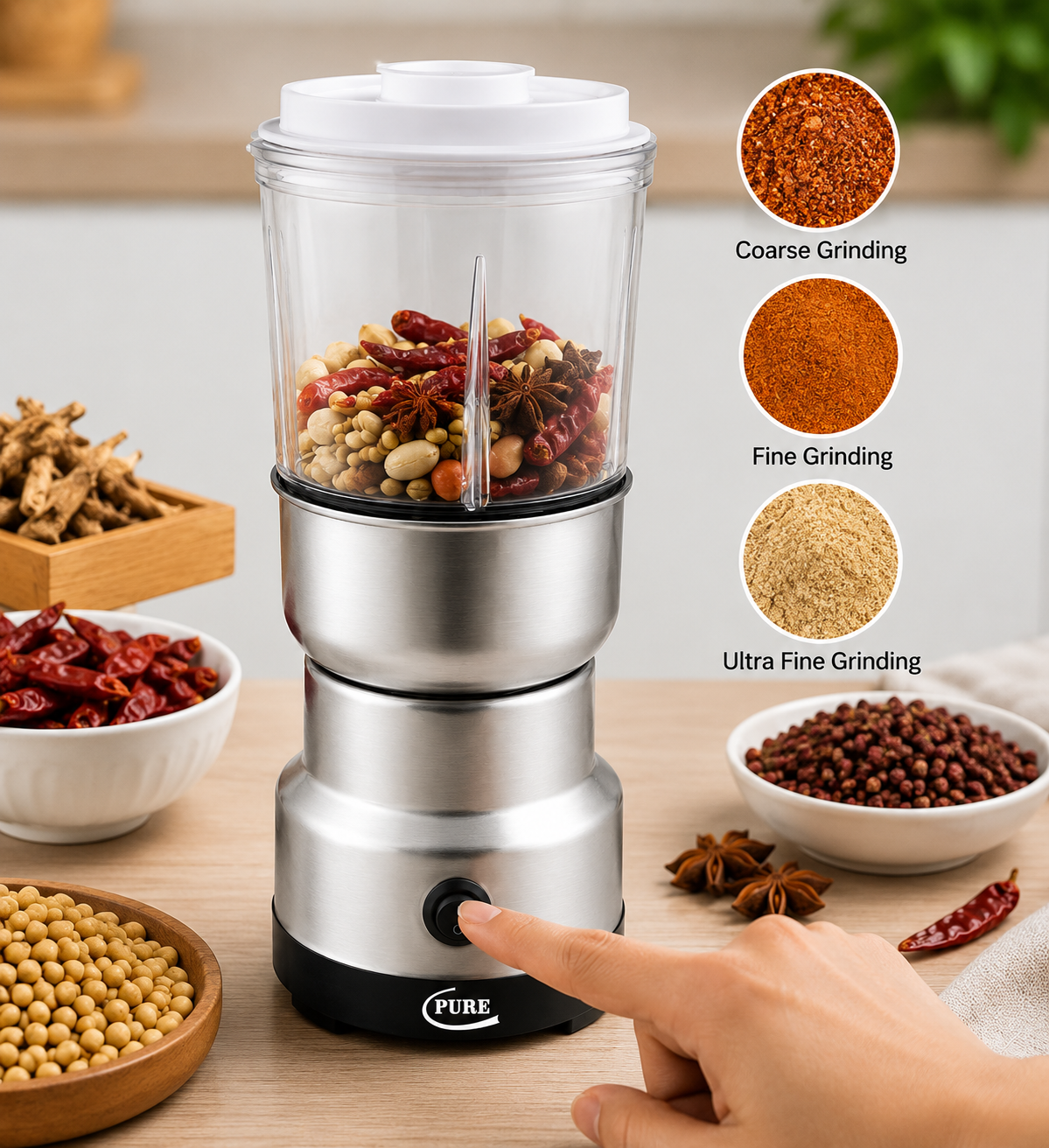 PURE 2-in-1 Electric Kitchen Grinder for Coffee, Nuts, Grains & Spices – 350 W