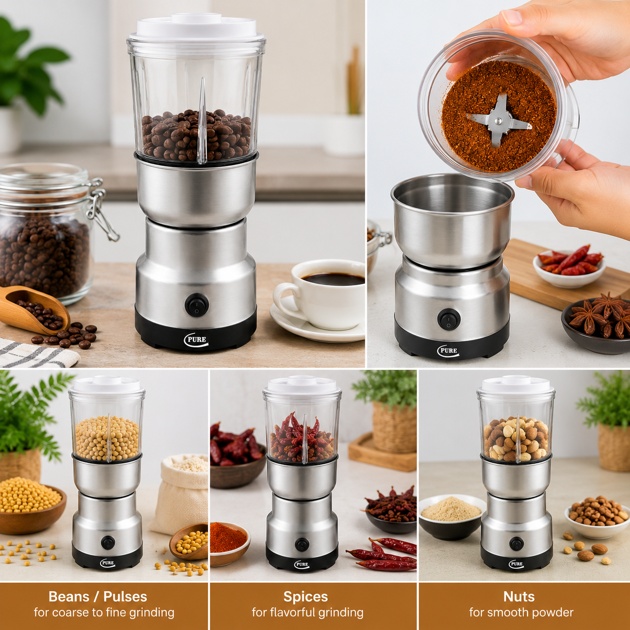 PURE 2-in-1 Electric Kitchen Grinder for Coffee, Nuts, Grains & Spices – 350 W
