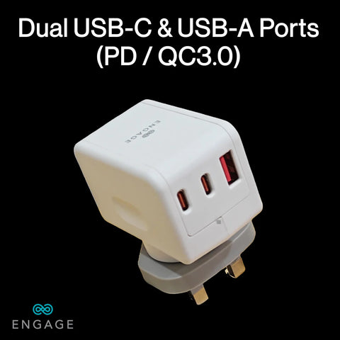 Engage, Dual USB-C + USB-A Power Adapter (65W) with 180° Rotating Plug