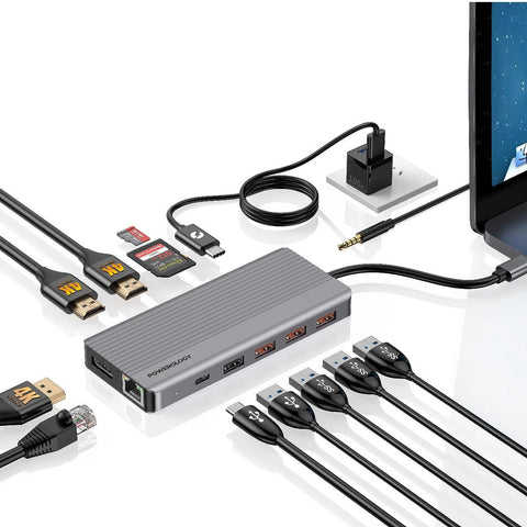 Powerology, 13-in-1 USB-C Hub, 4K HDMI, 100W PD, Ethernet, SD/MicroSD, 3.5mm AUX