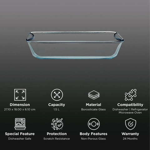 Borosil Rectangular Clear Glass Baking Dish – 1.5 L