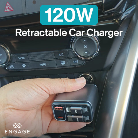 Engage, 4-in-1 Car Charger with Retractable Cables (USB-C/Lightning) & Dual USB Ports (120W)