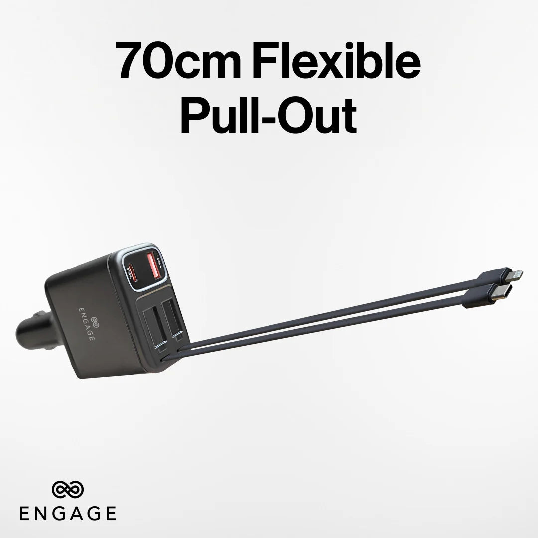 Engage, 4-in-1 Car Charger with Retractable Cables (USB-C/Lightning) & Dual USB Ports (120W)
