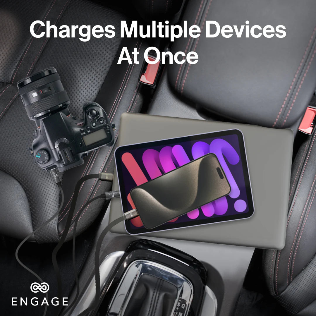 Engage, 4-in-1 Car Charger with Retractable Cables (USB-C/Lightning) & Dual USB Ports (120W)