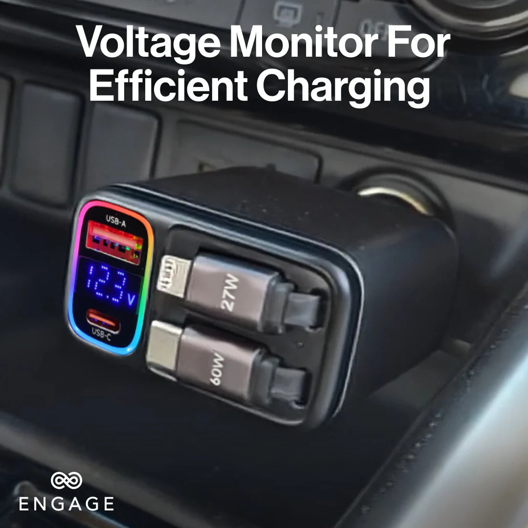 Engage, 4-in-1 Car Charger with Retractable Cables (USB-C/Lightning) & Dual USB Ports (120W)