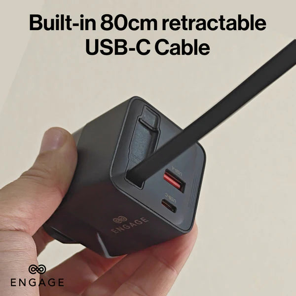Engage, Dual Port USB-C + USB-A GaN Power Adapter (65W) with USB-C Cable