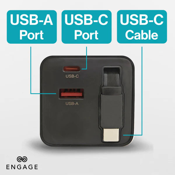 Engage, Dual Port USB-C + USB-A GaN Power Adapter (65W) with USB-C Cable