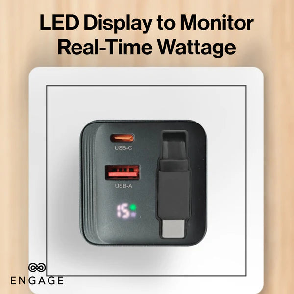 Engage, Dual Port USB-C + USB-A GaN Power Adapter (65W) with USB-C Cable