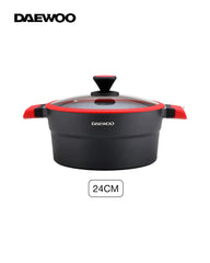 Daewoo 24cm Die-Cast Aluminum Pot, Non-Stick Granite Coating, Full Induction Base,  Handle – Dual-Color Silicone Grip with Soft-Touch Bakelite Core, Silicone Utensils & Pot Protectors, Red-black, Chemical-Free