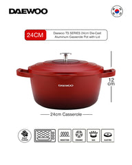 Daewoo 24cm Die-Cast Aluminum Casserole Pot with Lid, Non-Stick Granite Stone Coating, Full Induction Base, Oven-Safe, Red, Chemical-Free