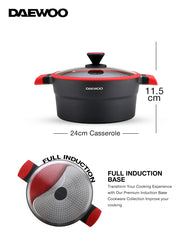 Daewoo 24cm Die-Cast Aluminum Pot, Non-Stick Granite Coating, Full Induction Base,  Handle – Dual-Color Silicone Grip with Soft-Touch Bakelite Core, Silicone Utensils & Pot Protectors, Red-black, Chemical-Free
