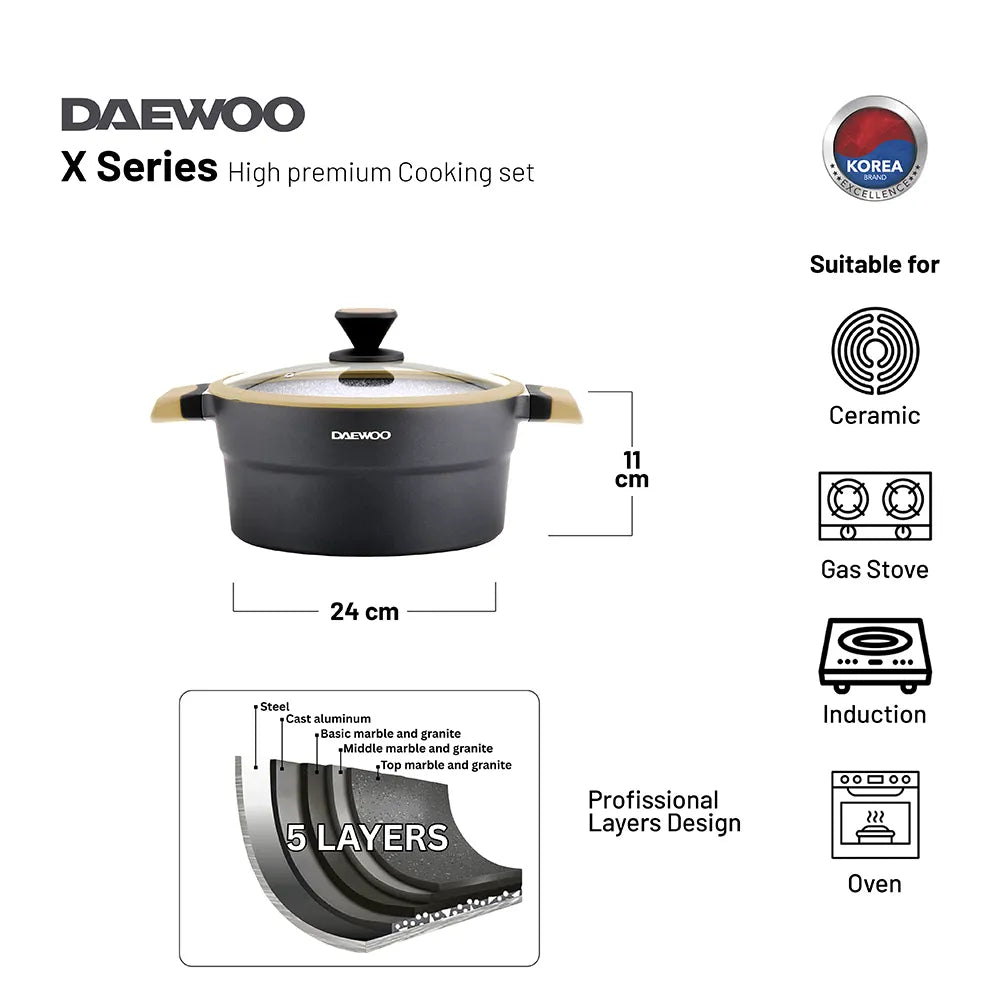 Daewoo Granite Casserole Pot with Lid Black & Brown (32, 28, 24 cm)