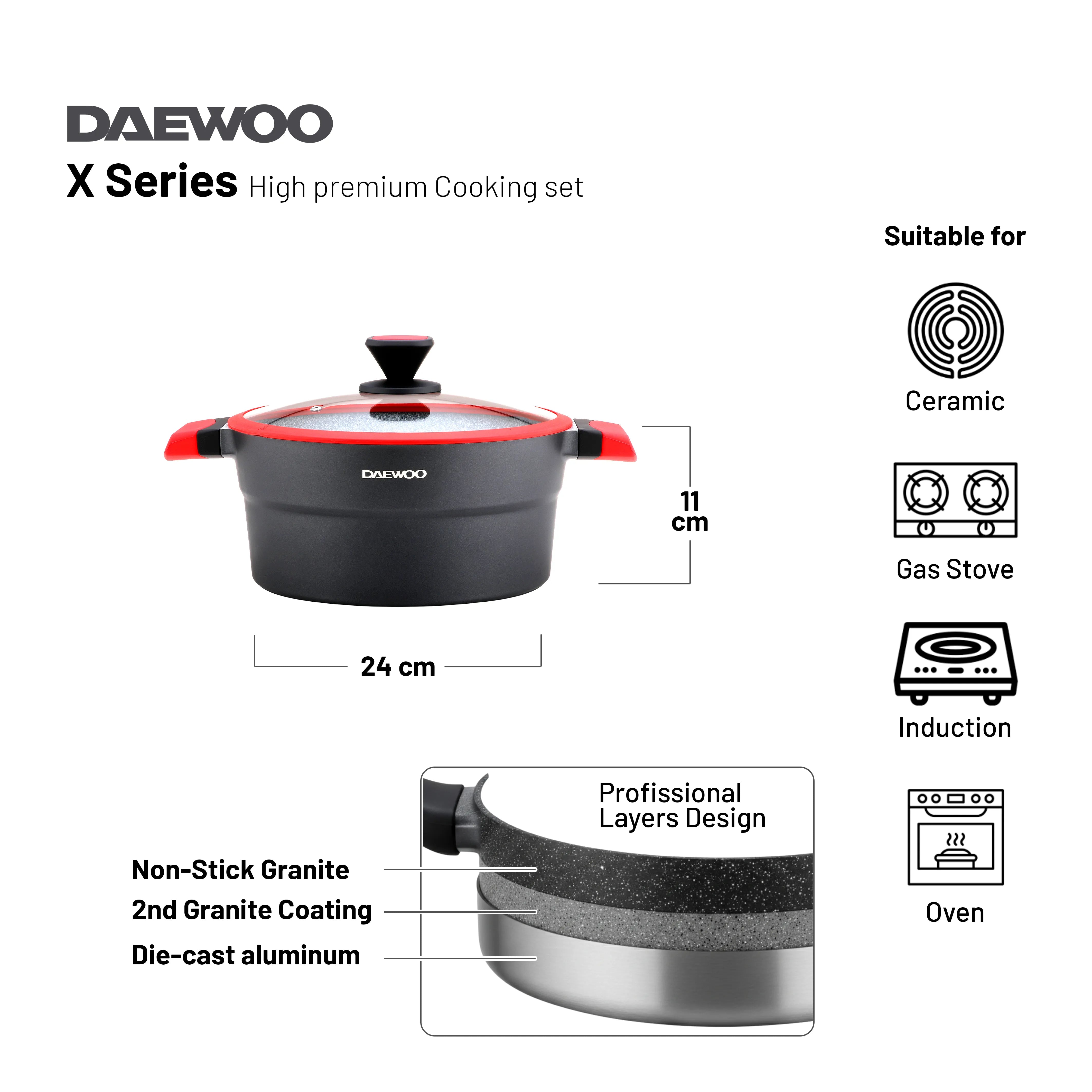 Daewoo X Series 9-Piece Granite Cooking Set - Black/Red