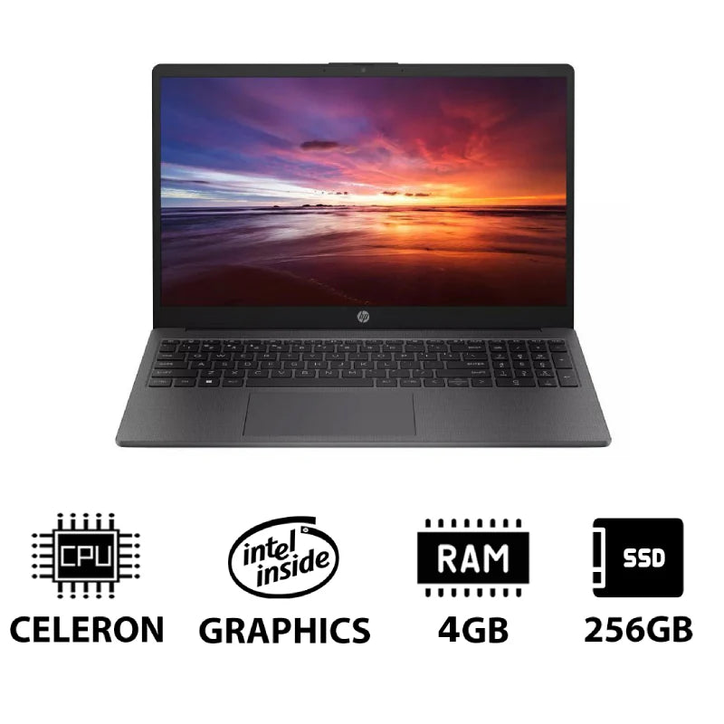 HP 250 G10 - شاشة 15.6 بوصة عالية الدقة / معالج Celeron / ذاكرة وصول عشوائي (RAM) سعة 4 جيجابايت / سعة 256 جيجابايت (محرك أقراص صلبة NVMe M.2) / نظام تشغيل DOS (بدون نظام تشغيل) / سنة واحدة / فضي داكن - كمبيوتر محمول