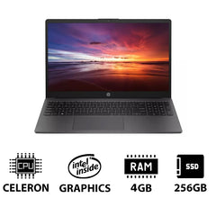 HP 250 G10 - شاشة 15.6 بوصة عالية الدقة / معالج Celeron / ذاكرة وصول عشوائي (RAM) سعة 4 جيجابايت / سعة 256 جيجابايت (محرك أقراص صلبة NVMe M.2) / نظام تشغيل DOS (بدون نظام تشغيل) / سنة واحدة / فضي داكن - كمبيوتر محمول