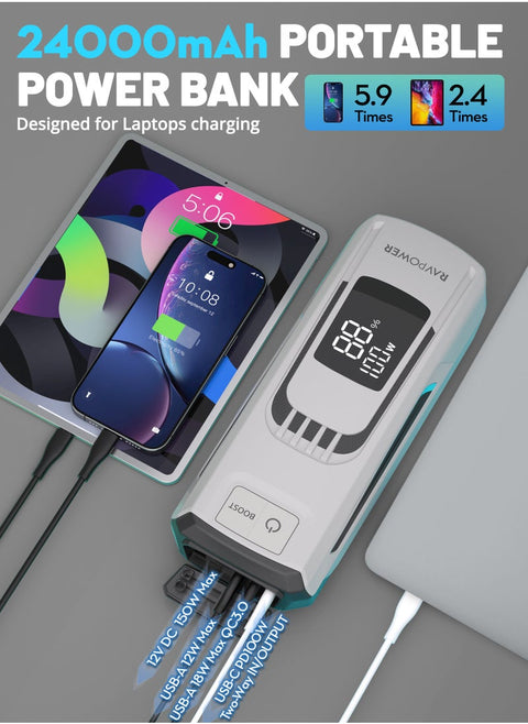 RAVPower RP-PB1227 24000mAh (88.8Wh) Jump Starter With Power Bank And LED Flashlight