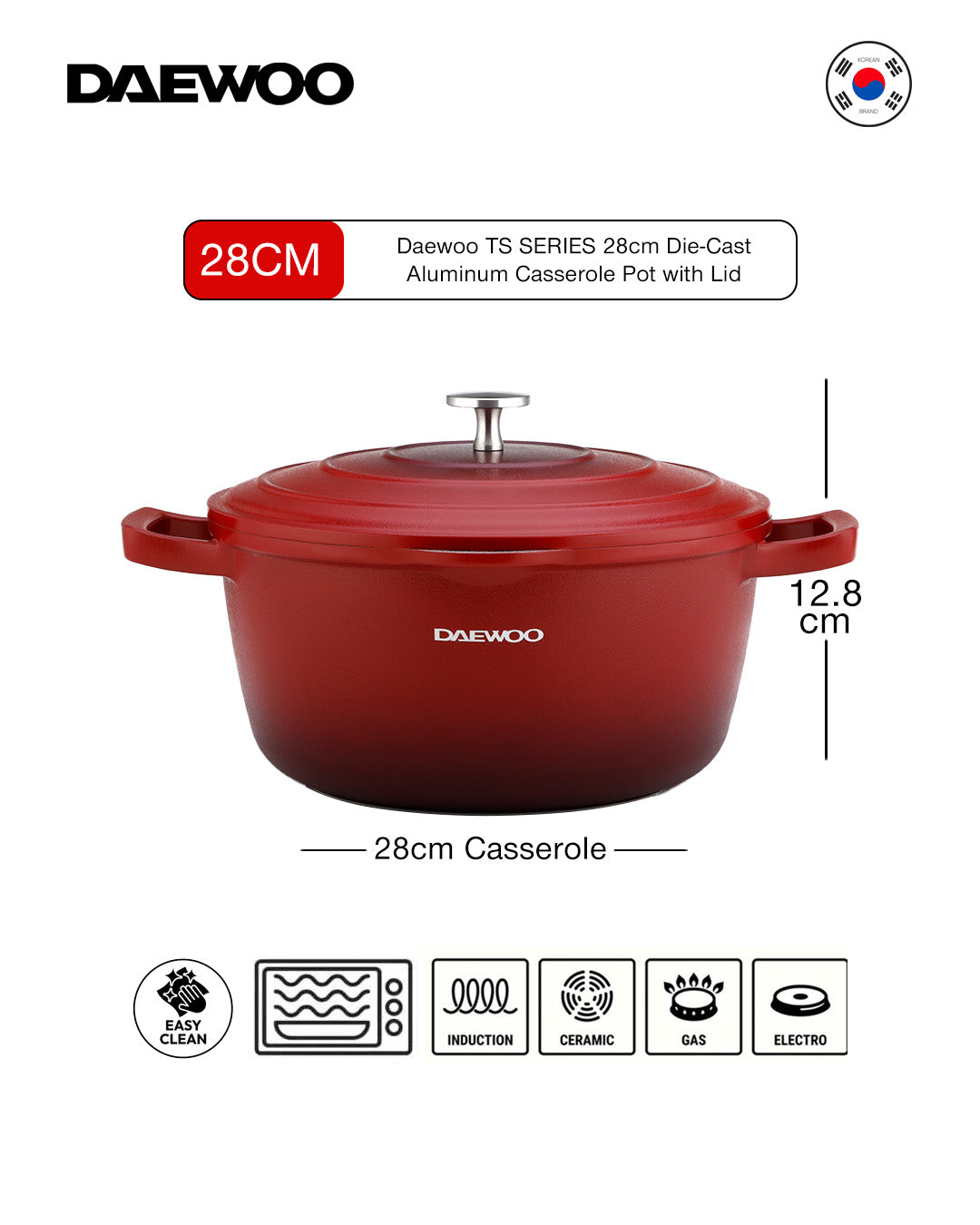 Daewoo 28cm Die-Cast Aluminum Casserole Pot with Lid, Non-Stick Granite Stone Coating, Full Induction Base, Oven-Safe, Red, Chemical-Free