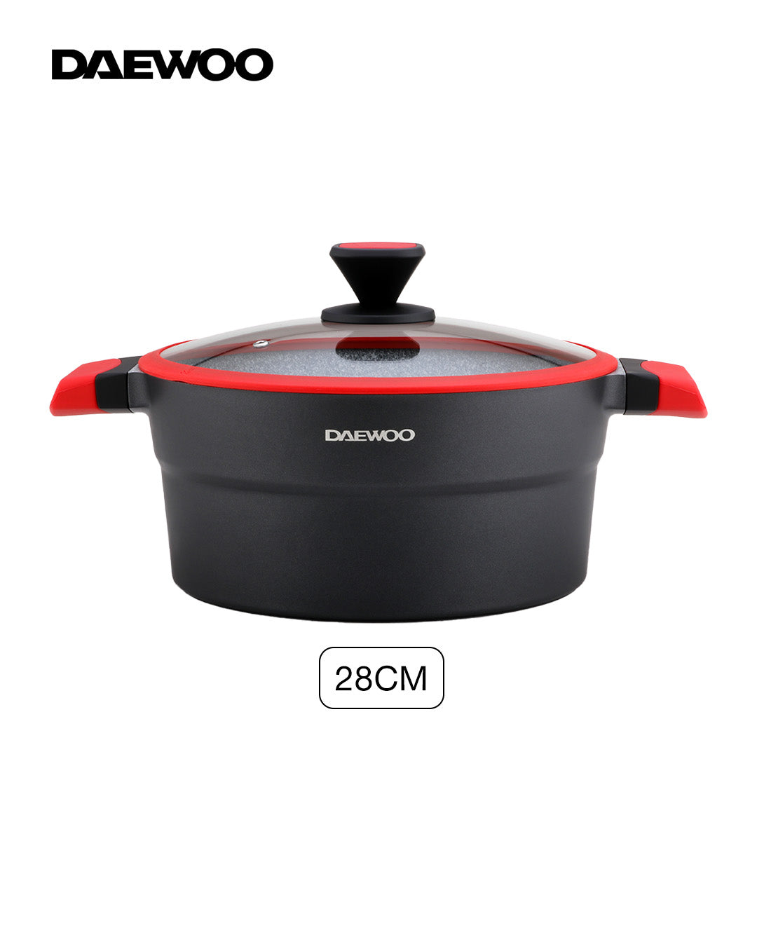 Daewoo 28cm Die-Cast Aluminum Pot, Non-Stick Granite Coating, Full Induction Base, Handle – Dual-Color Silicone Grip with Soft-Touch Bakelite Core , Silicone Utensils & Pot Protectors, Red-black, Chemical-Free