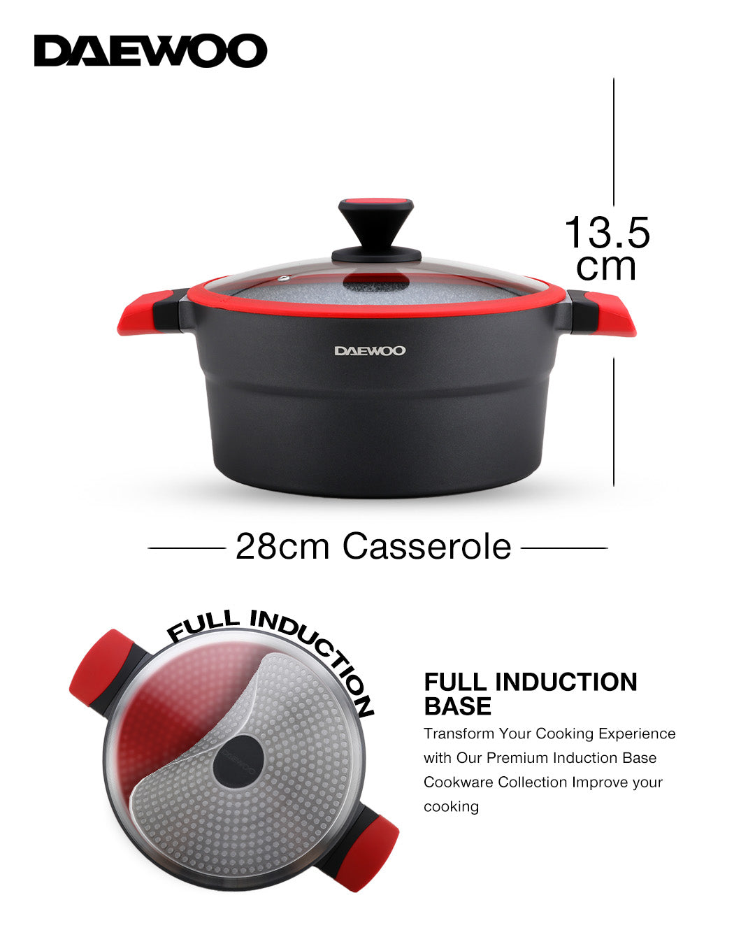 Daewoo 28cm Die-Cast Aluminum Pot, Non-Stick Granite Coating, Full Induction Base, Handle – Dual-Color Silicone Grip with Soft-Touch Bakelite Core , Silicone Utensils & Pot Protectors, Red-black, Chemical-Free