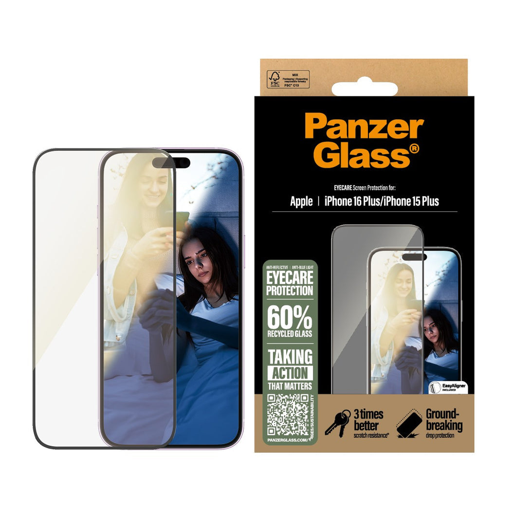 PanzerGlass® EyeCare Screen Protector Anti-Reflective & Bluelight iPhone 16 Plus | Ultra-Wide Fit
