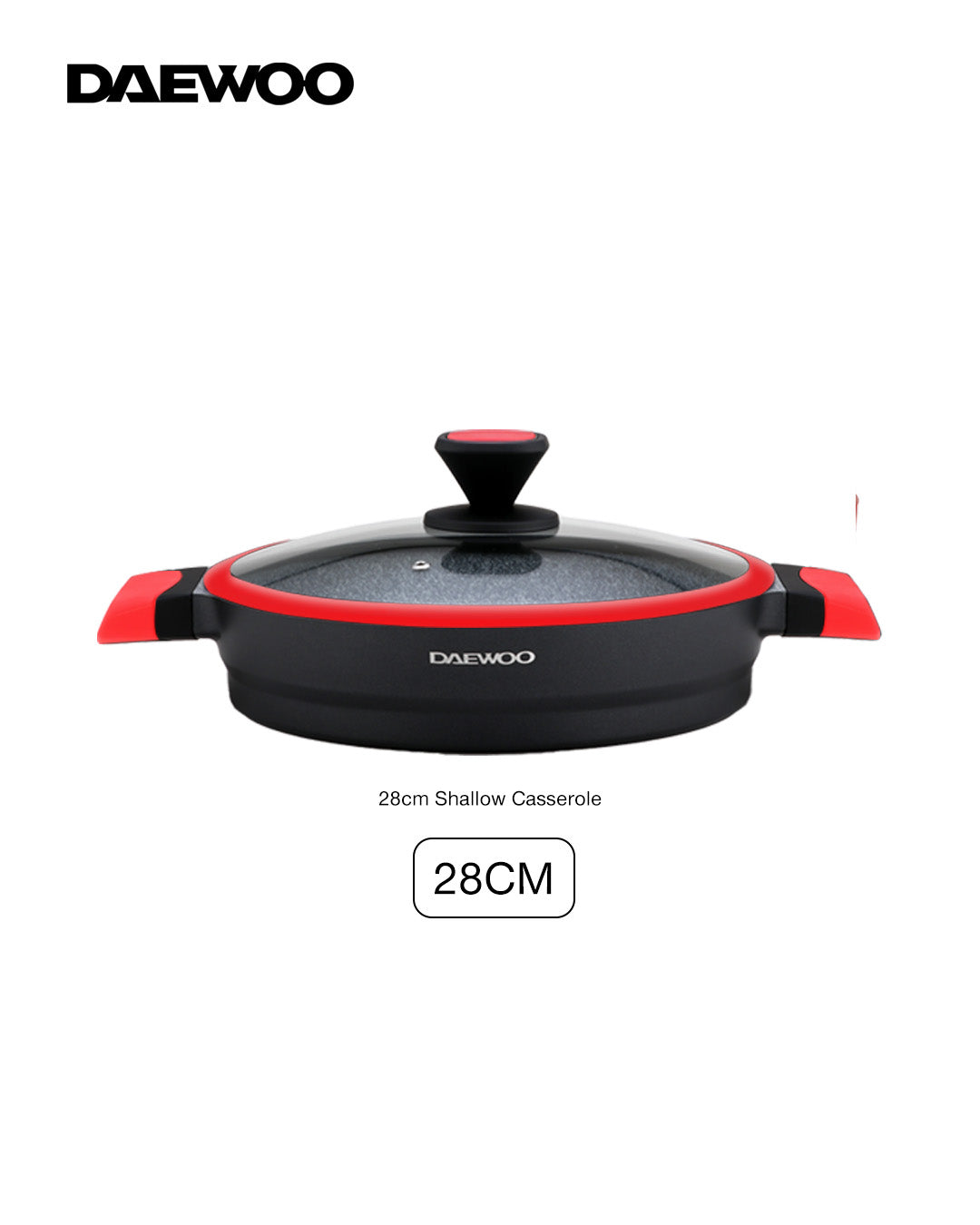 Daewoo 28 cm Die-Cast Aluminum Shallow Casserole with Lid, Non-Stick Granite Coating, Full Induction Base, Handle – Dual-Color Silicone Grip with Soft-Touch Bakelite Core, Silicone Utensils & Pot Protectors, Red-black, Chemical-Free